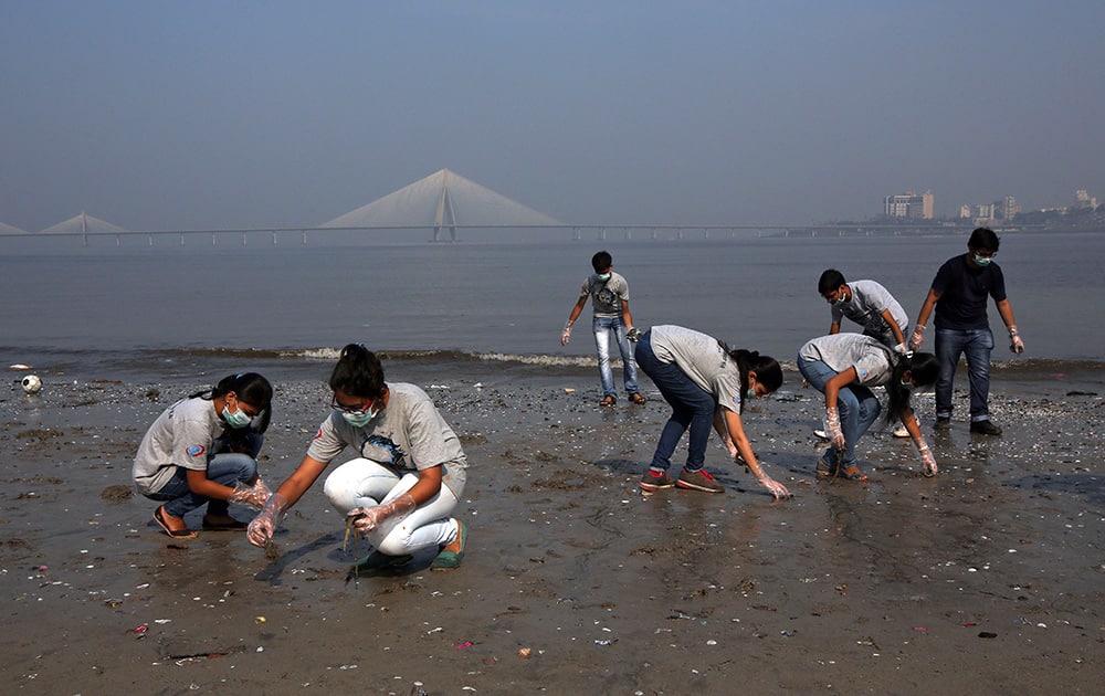 Students clean a beach on the Arabian Sea coast in Mumbai.