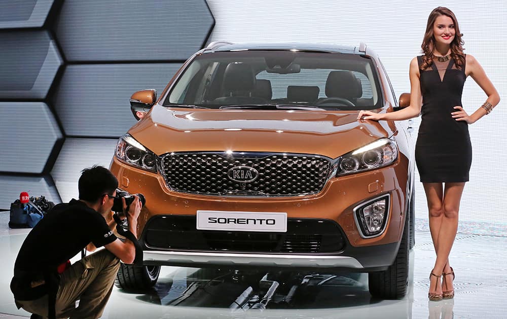 A Sorento, made by Korean car maker Kia is presented at the Paris Motor Show, in Paris.