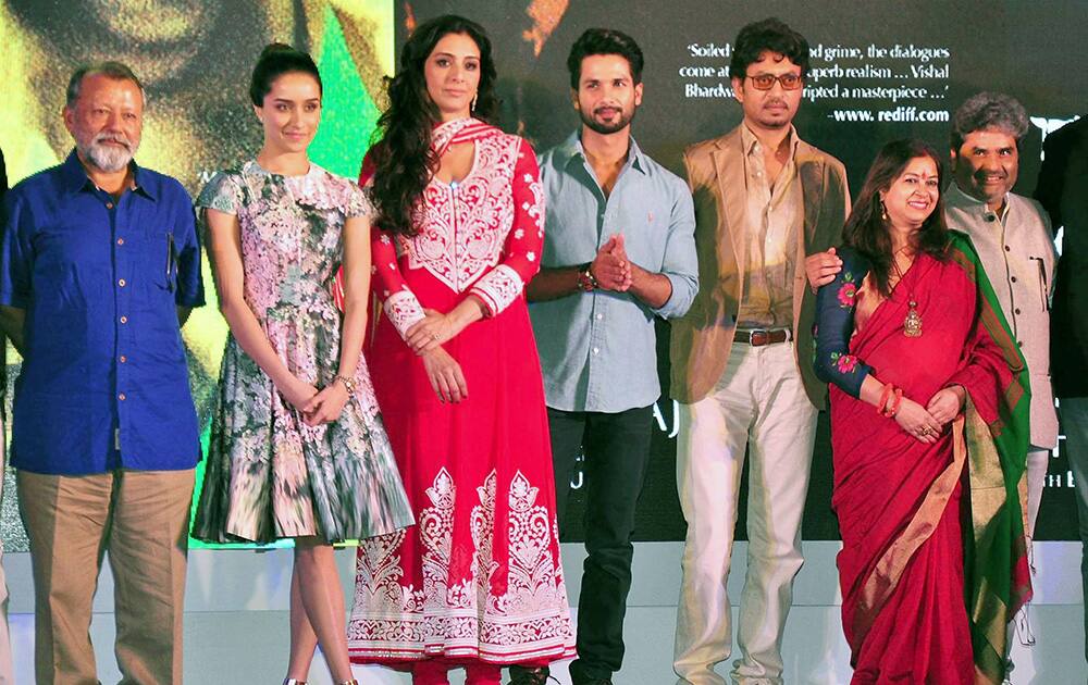 The entire star cast of the upcoming bollywood movie Haider during the launch of a book written by Vishal Bhardwaj in Mumbai.