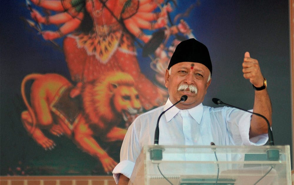 RSS chief Mohan Bhagwat speaks during the Vijay Dashmi function at RSS headquarters in Nagpur.