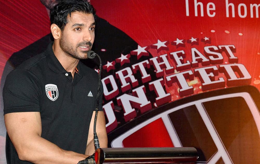 Bollywood actor and Co-Owner of Northeast United Football Club John, Abraham during the inaugural ceremony of the team Jersey, near Jalukbari in Guwahati.