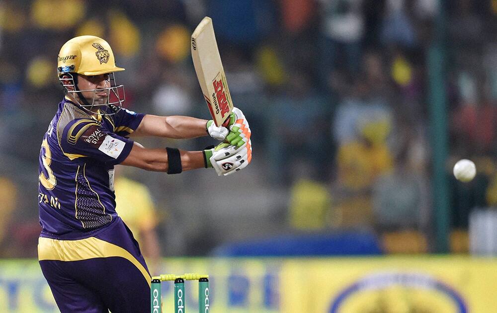 Kolkata Knight Riders skipper Gautam Gambhir plays a shot during the CLT20 final match against Chennai Super Kings at Chinnaswamy Satdium in Bengaluru.