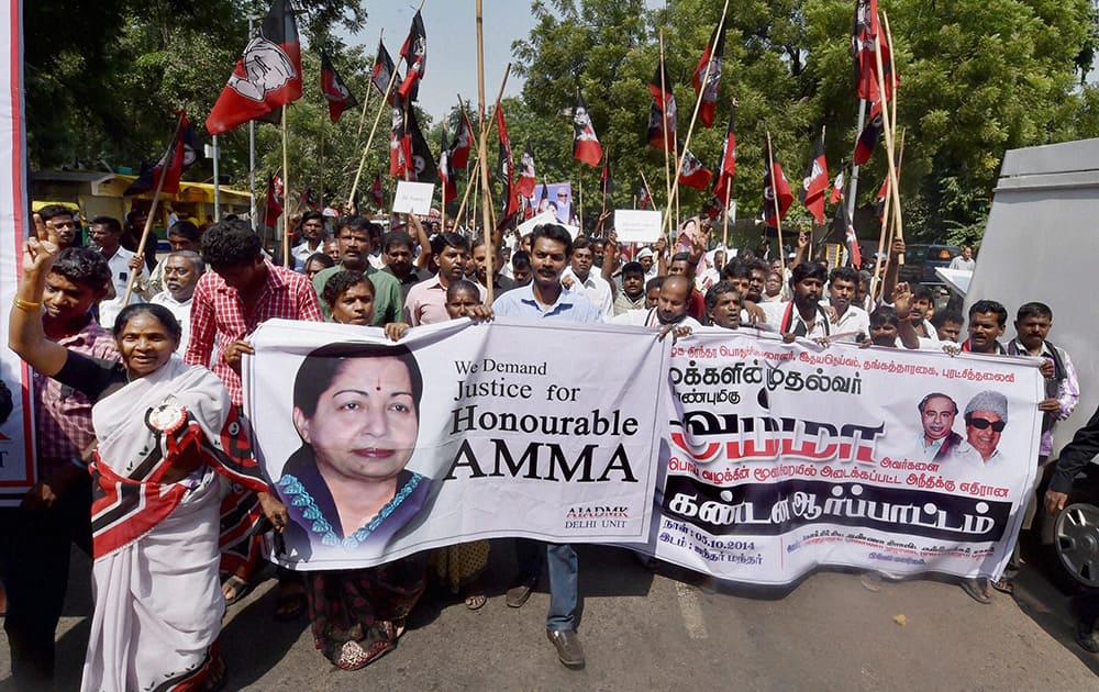 Activists of AIADMK Delhi Unit protest as they demand justice for party chief J Jayalalitha at Jantar Mantar in New Delhi.