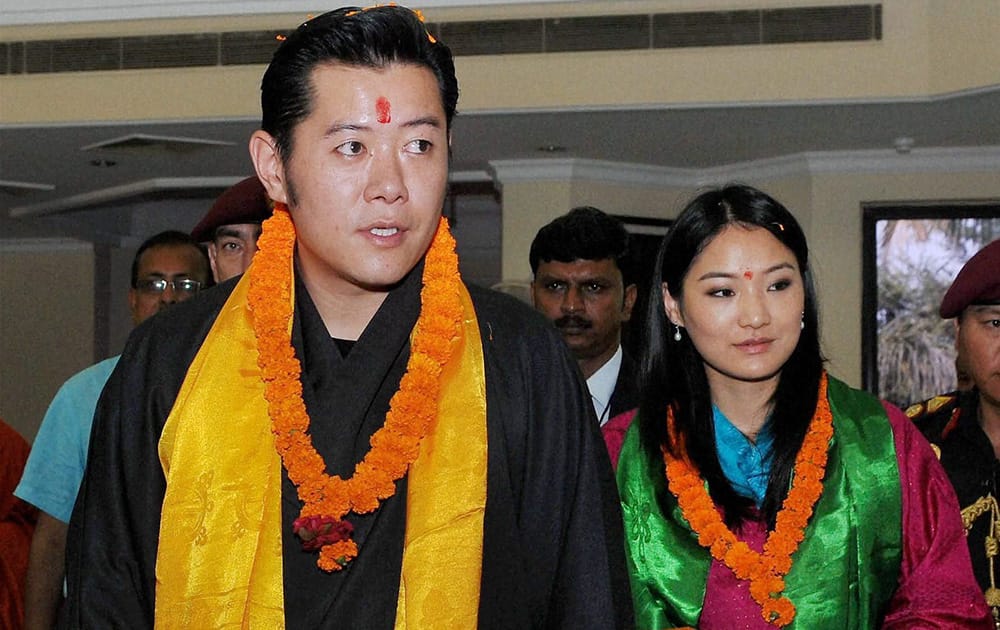 Bhutan King Jigme Khesar Namgyel Wangchuck and Queen Jetsun Pema after their arrival in Gaya.