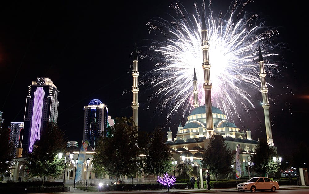 Fireworks illuminate the sky above the Heart of Chechnya Mosque to mark the birthday of Chechen regional leader Ramzan Kadyrov the in the regional capital, Grozny, Russia.