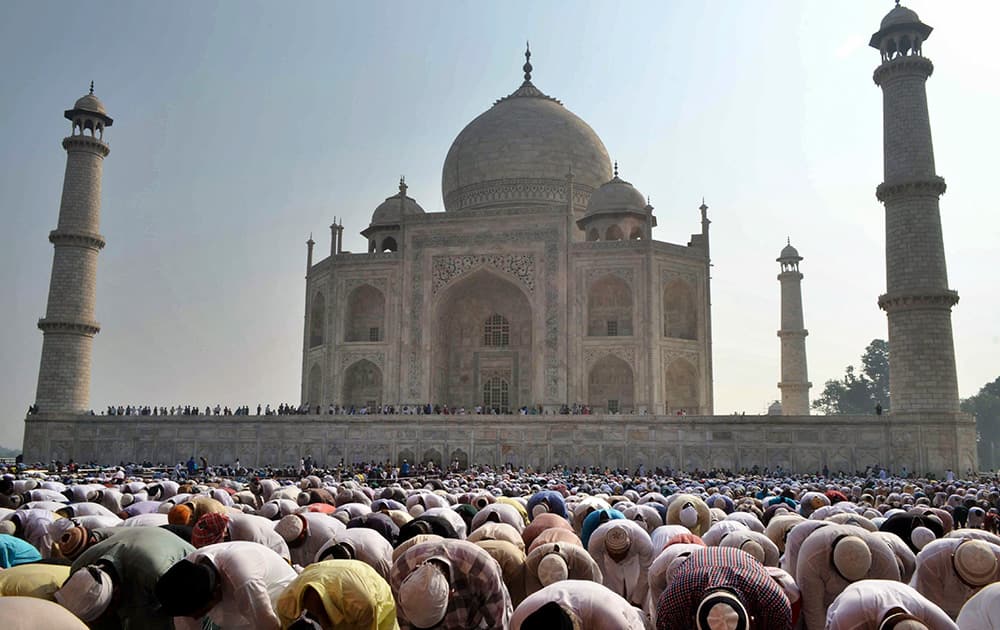 Muslims offer prayers during Eid al-Adha, or the Feast of the Sacrifice, at the Taj Mahal monument in Agra.