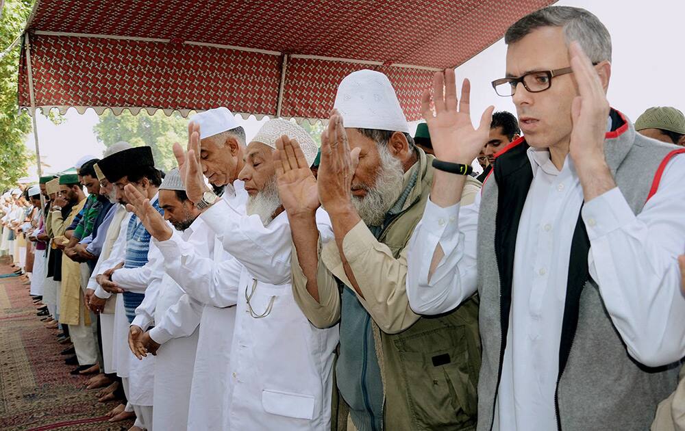 Jammu and Kashmir Chief Minister Omar Abdullah during Eid al-Adha prayer at Hazratbal Shrine in Srinagar.