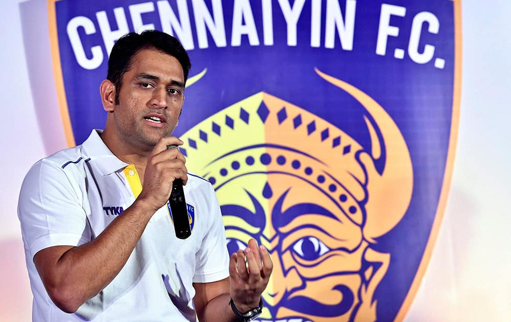 MS Dhoni addressing the media after signing as co-owner of Indian Super League (ISL) franchise Chennaiyin FC in Chennai.