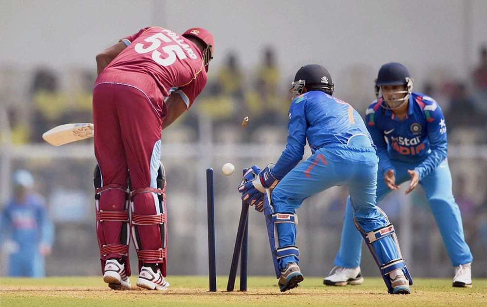 West Indies player Kieron Pollard gets bowled during a warm up match against India A team at Brabourne Stadium in Mumbai.