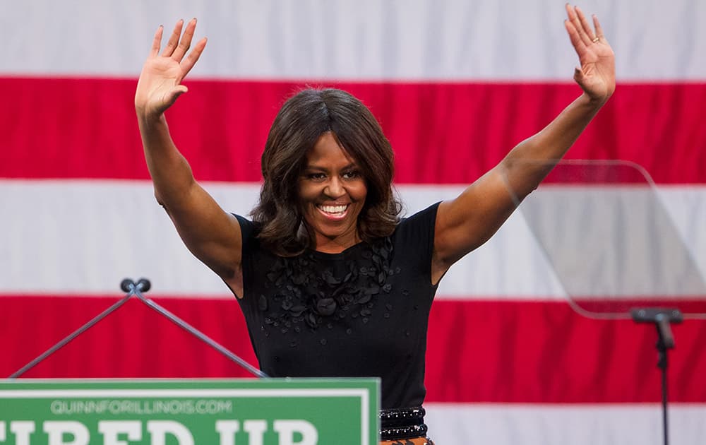 First lady Michelle Obama speaks at a political rally for Illinois Gov. Pat Quinn at the UIC Pavilion in Chicago.