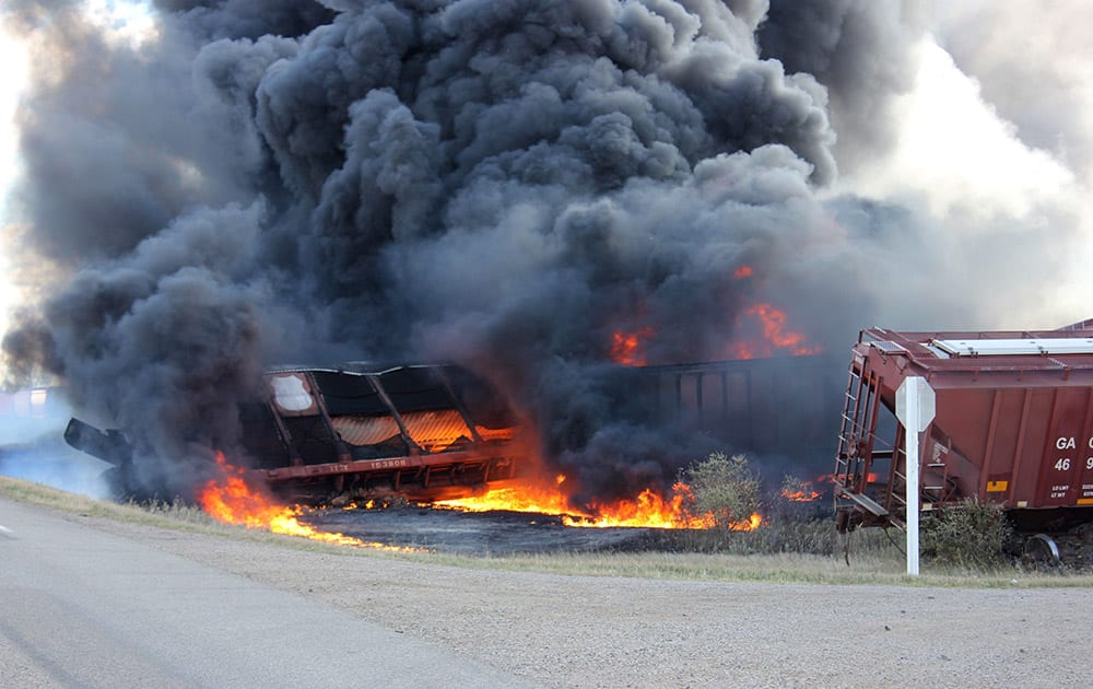 A Canadian National Railway Company freight train carrying dangerous goods is shown after it derailed in central Saskatchewan, near the towns of Wadena and Clair.