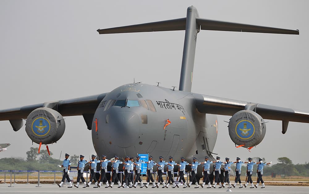 Indian Air Force (IAF) personnel march during Air Force Day parade at the air force station in Hindon near New Delhi.