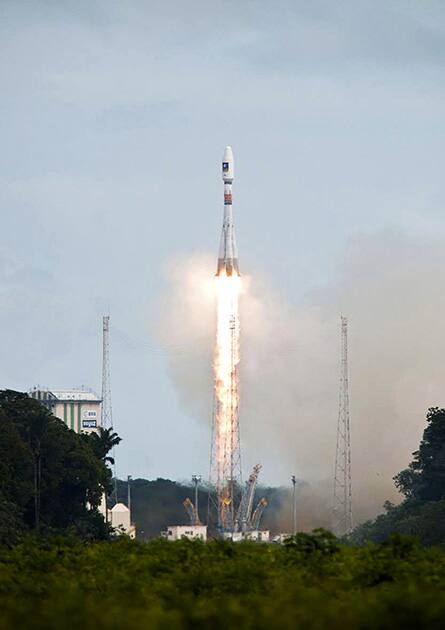 This photo provided by the European Space Agency shows Soyuz Flight VS09, carrying Europe's fifth and sixth Galileo satellites, lifting off from Europe's space base in Kourou, French Guiana.