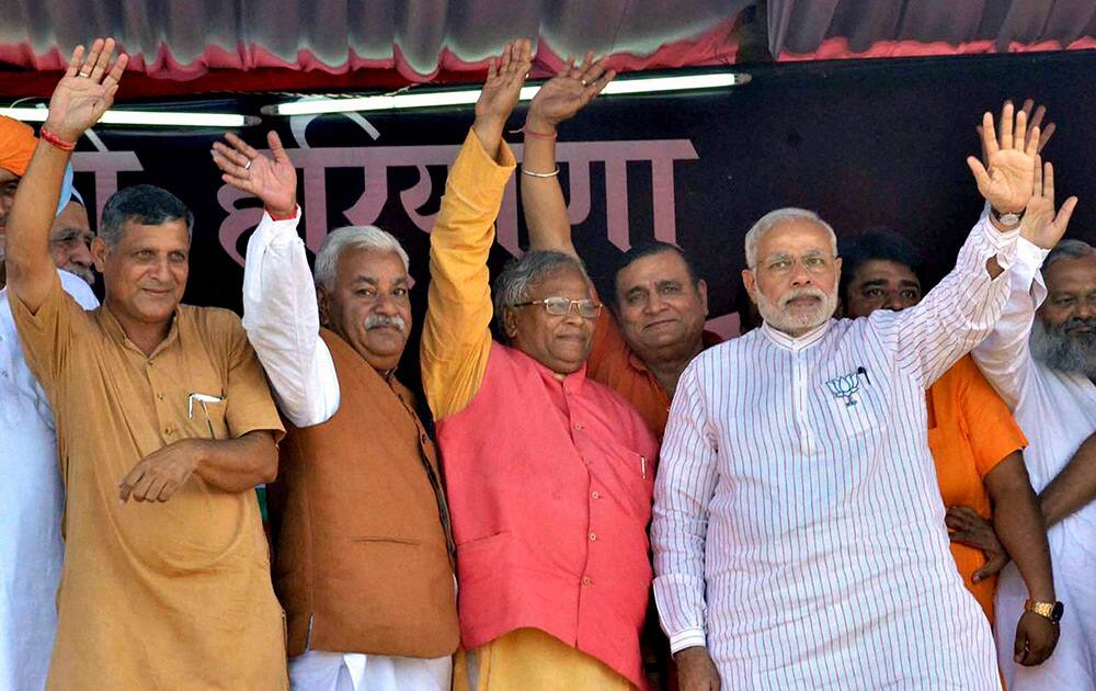 Prime Minister Narendra Modi at an election rally in Yamunanagar.