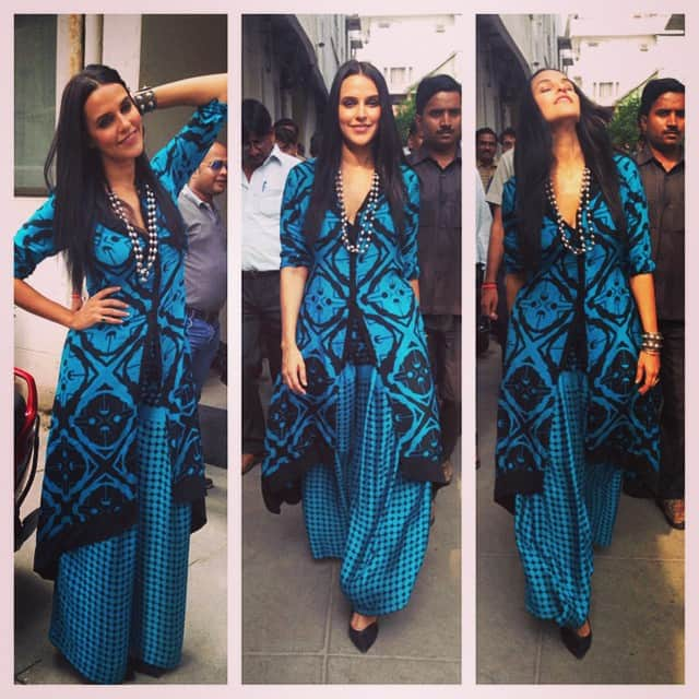 neha dhupia - #picstitch the #look promotions #Lucknow in #devrnil @amrapali_jewels -instagram