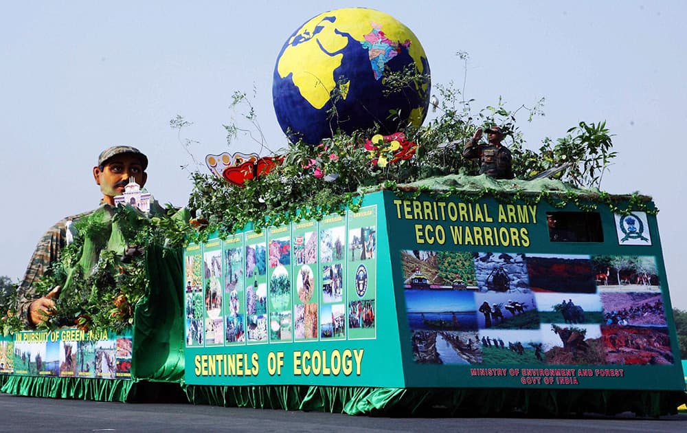 A tableau on display during 65th Territorial Army Raising Day Parade in New Delhi.