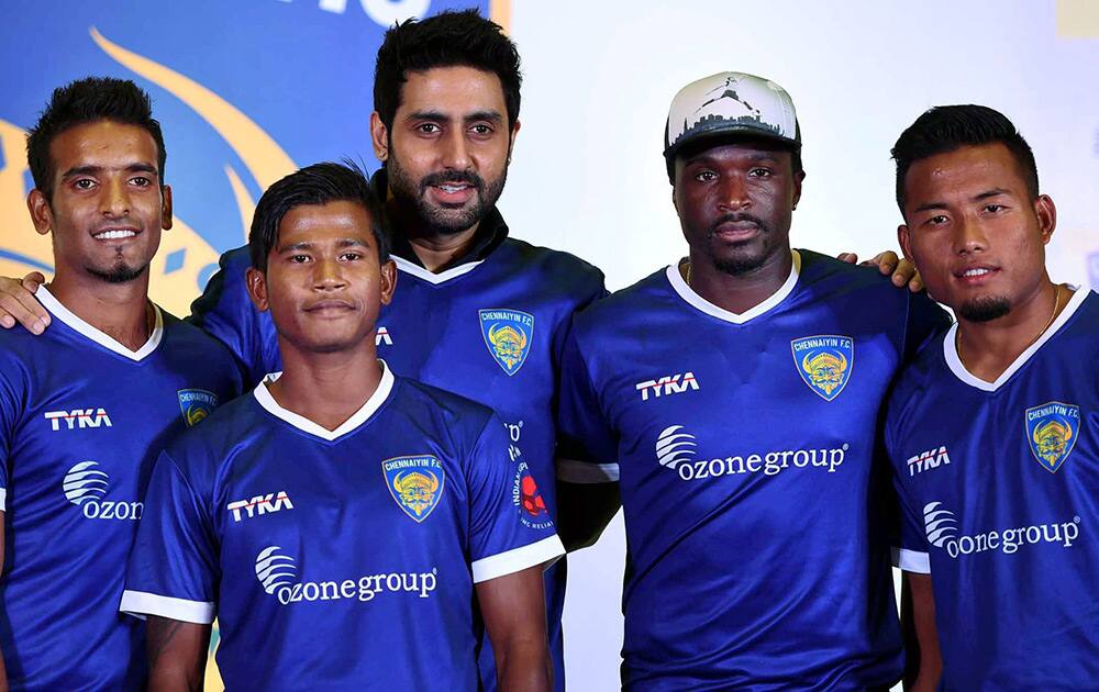 Bollywood actor and Chennaiyin FC co-owner Abhishiek Bachchan during the launch of the team jersey along with his team players in Mumbai.