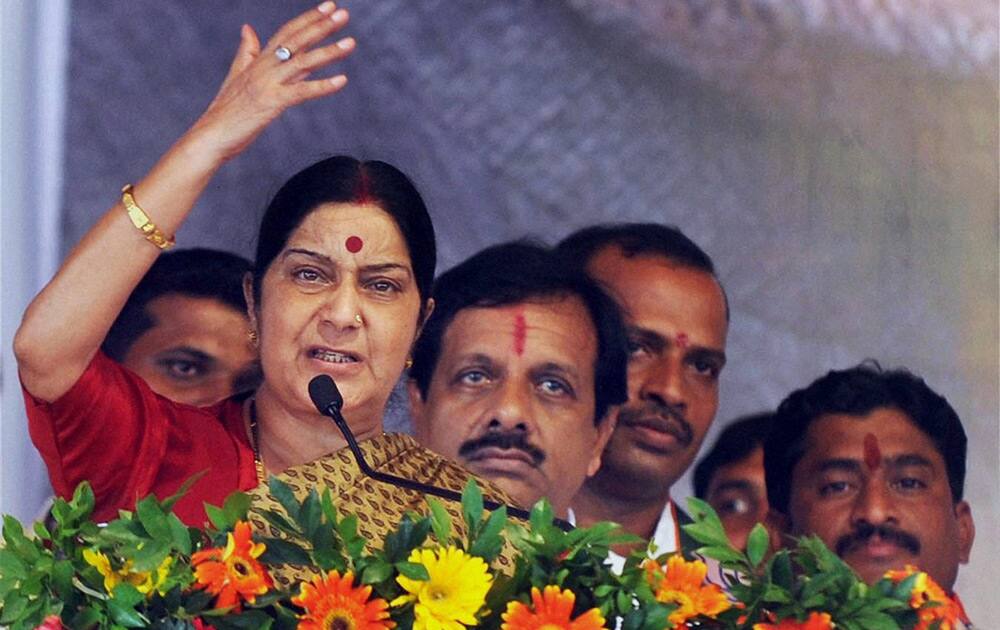 Minister of External Affairs Sushma Swaraj addresses an election campaign rally for BJP candidates in Mumbai.