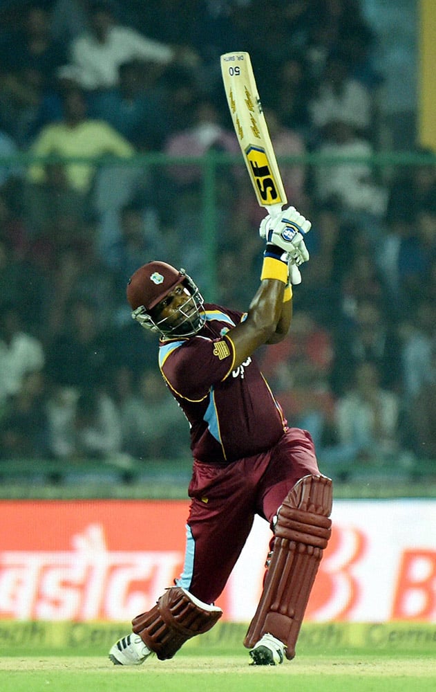 West Indies D Smith hits a six against India during the 2nd ODI cricket match in New Delhi