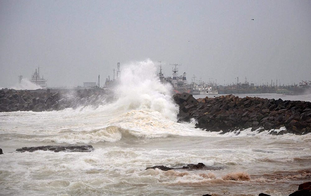 High tides lashing out the Ramakrishna beach in Visakhapatnam as an effect of Cyclone Hudhud.