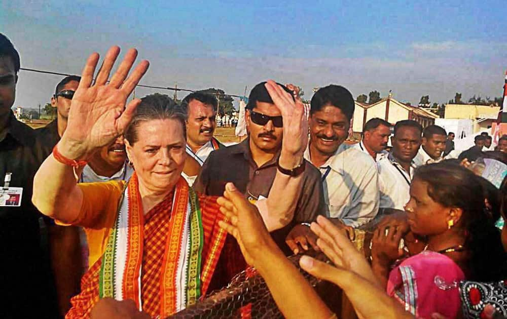 Congress President Sonia Gandhi meets supporters during an election campaign rally in Bramhapuri in Chandrapur district.