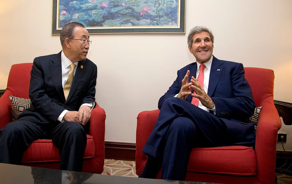 US Secretary of State John Kerry meets with United Nations Secretary General Ban Ki Moon in Cairo, Egypt, during the Gaza Donor Conference. 