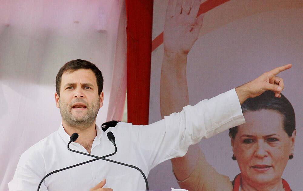 Congress Vice President Rahul Gandhi addresses an election campaign rally in Ramtek, Maharashtra.