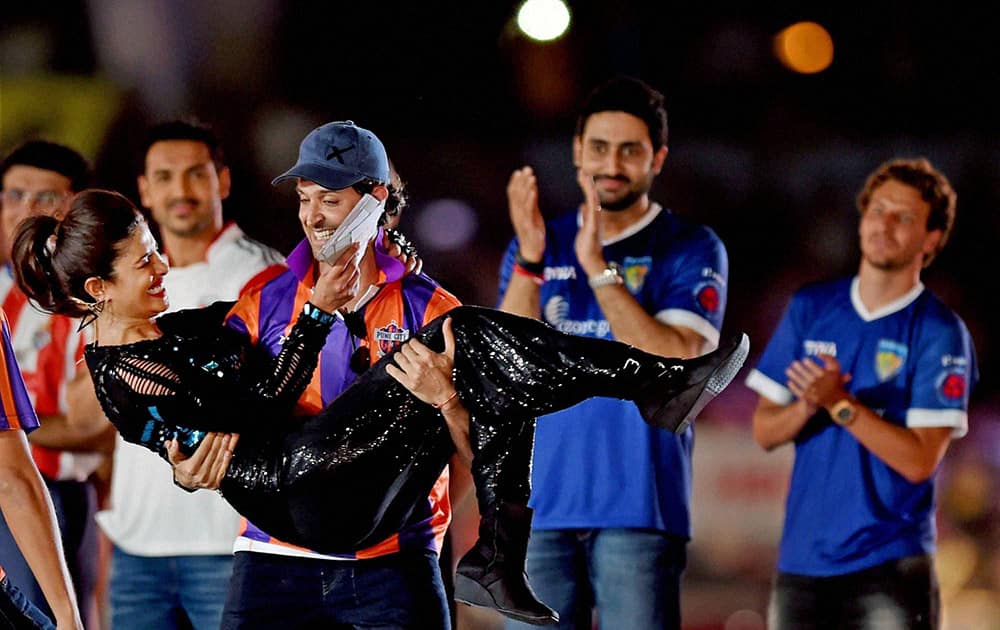 Bollywood actors Hrithik Roshan and Priyanka Chopra during the inauguration ceremony of Indian Super League 2014 in Kolkata.