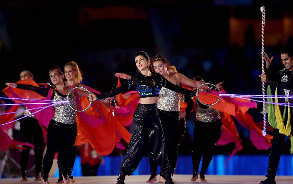 Bollywood actress Priyanka Chopra performs during the opening ceremony of Indian Super League 2014 in Kolkata.