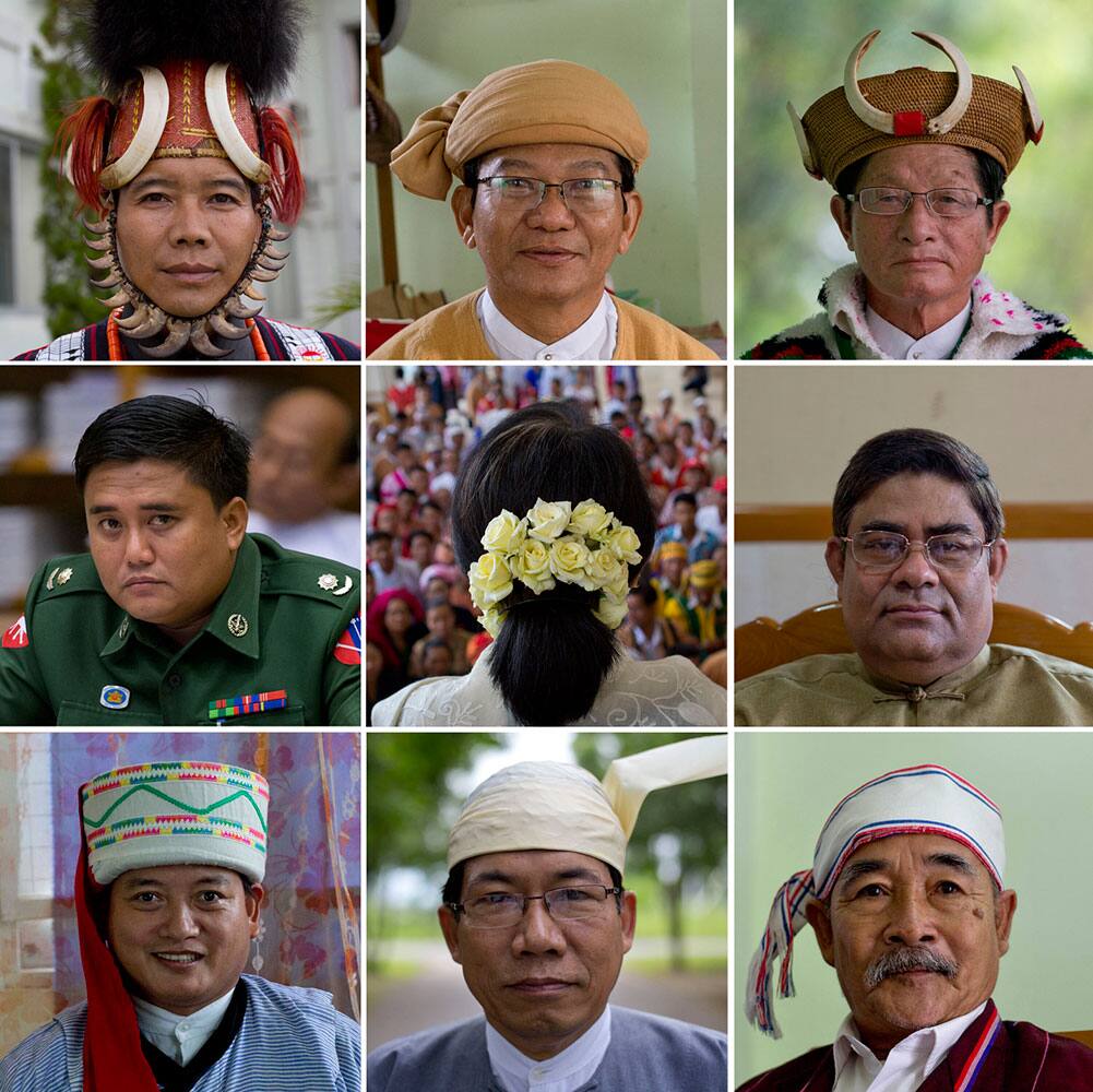 In this combination of nine photos, from left to right, top, Myat Ko, an ethnic Naga wears a traditional Naga hat, Ye Tun, an ethnic Burman wears a Shan hat, In Phong San, an ethnic Kachin wears cane hat with wild bore horns. Middle left to right, Army Major Soe Moe, has five different hats but doesn't wear any in the Parliament, democracy icon Aung San Suu Kyi wears flowers, Shwe Maung, an ethnic Rohingya who keeps a soft, brown, tassled fez-like cap, modeled after one worn by Abdul Gaffar, a Rohingya legislature of Myanmar's firstprime minister.