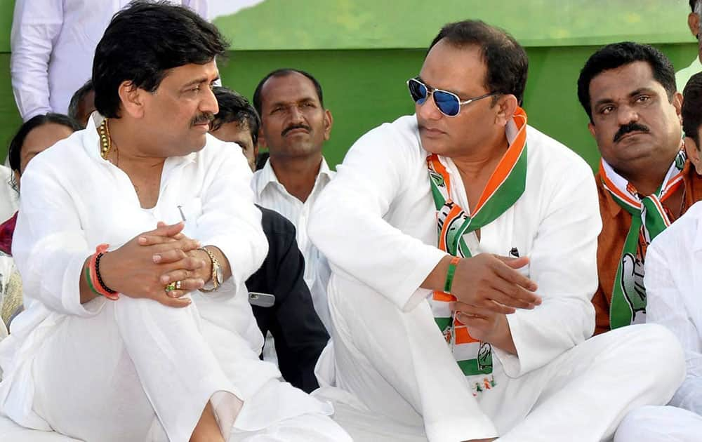 Congress leaders Ashok Chavan and Mohammad Azharuddin at an election campaign rally in Nanded, Maharashtra.
