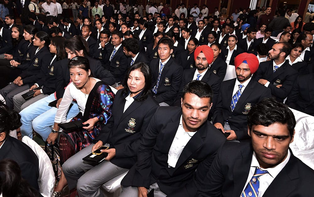 17th Asian Games medalists Indain players during a felicitation ceremony in New Delhi.