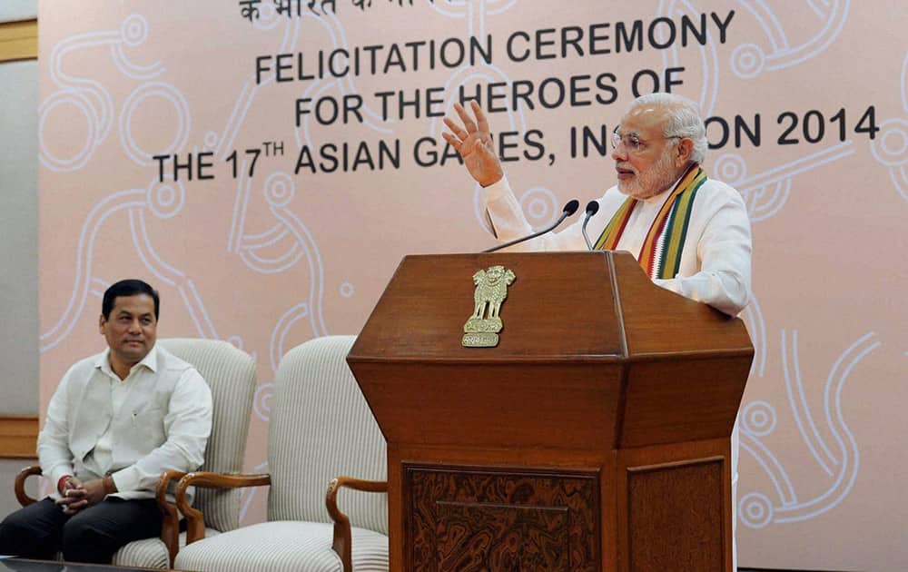 Prime Minister Narendra Modi while addressing at the felicitation ceremony for medal winners of the 17th Asian Games, Incheon.