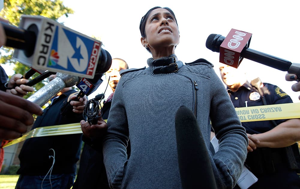 City of Dallas Public Information Officer Sana Syed informs the media that the Dallas Police and Fire Departments went door to door at The Village Bend East apartments informing residents that a second healthcare worker who lived in the area tested positive for Ebola, in Dallas. 