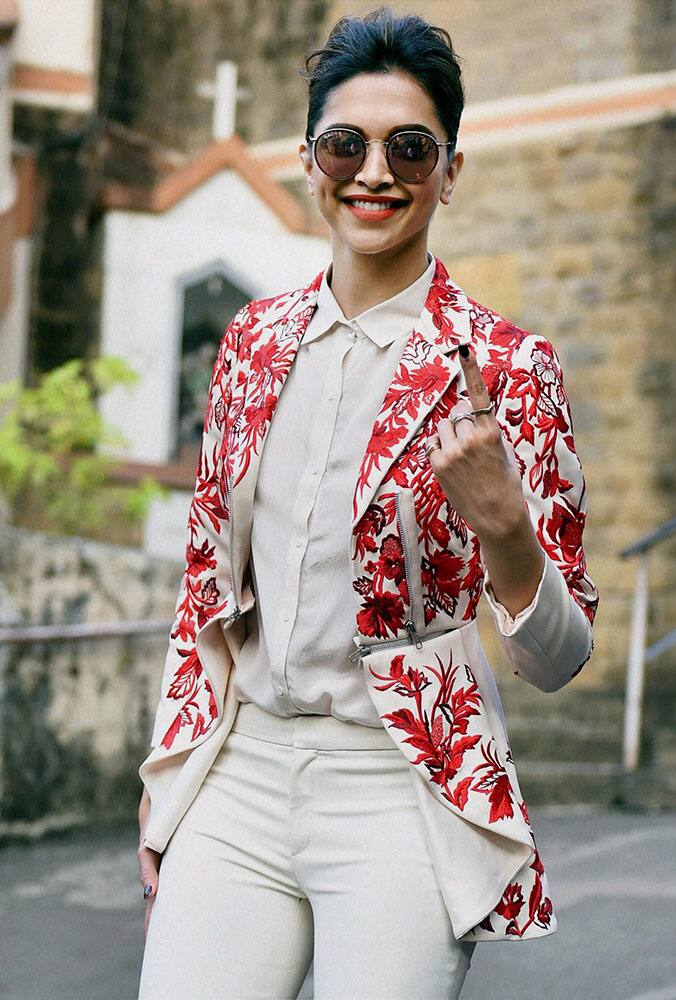 Bollywood actress Deepika Padukone after casting her vote for the Assembly elections in Mumbai on Wednesday. 