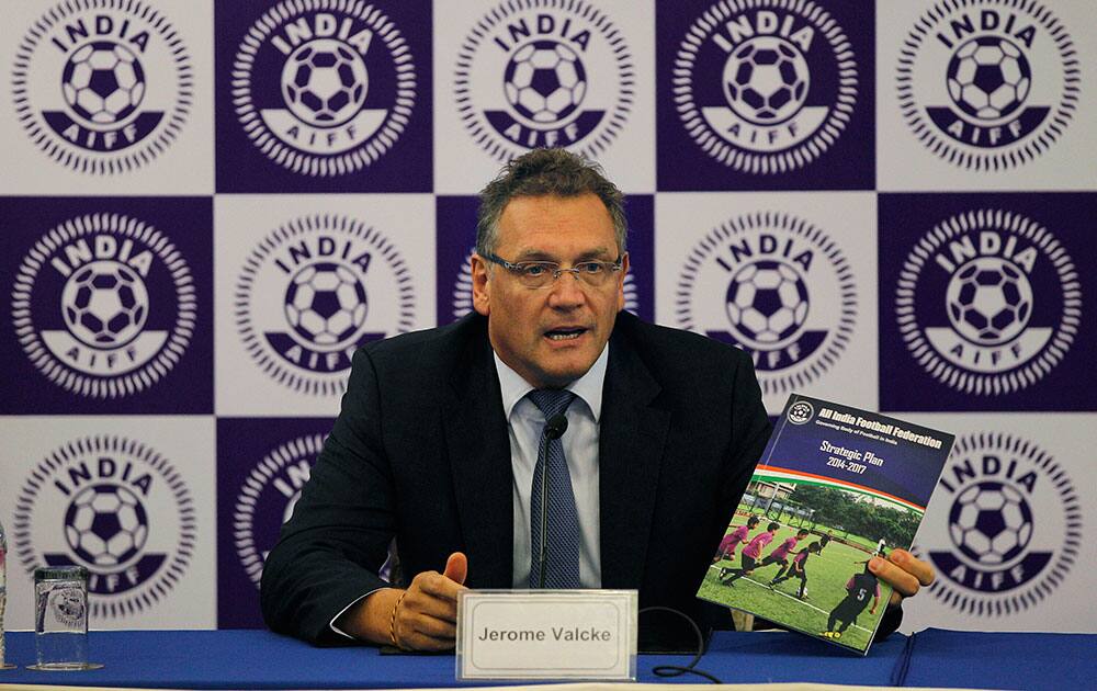 FIFA Secretary-General Jerome Valcke addresses a press conference in New Delhi, India.