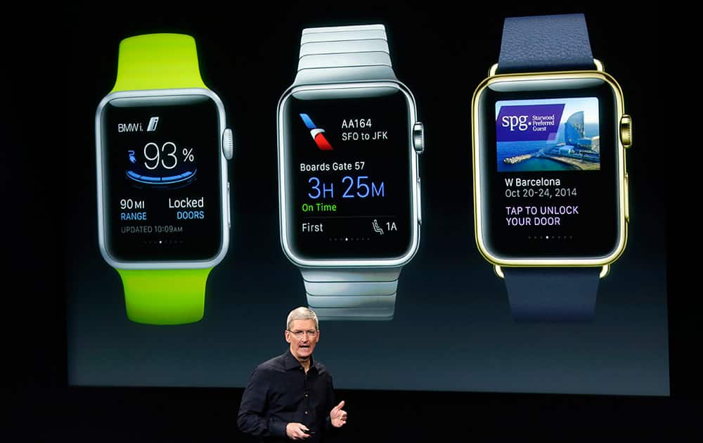Apple CEO Tim Cook discusses the new Apple Watch during an event at Apple headquarters, in Cupertino, Calif.
