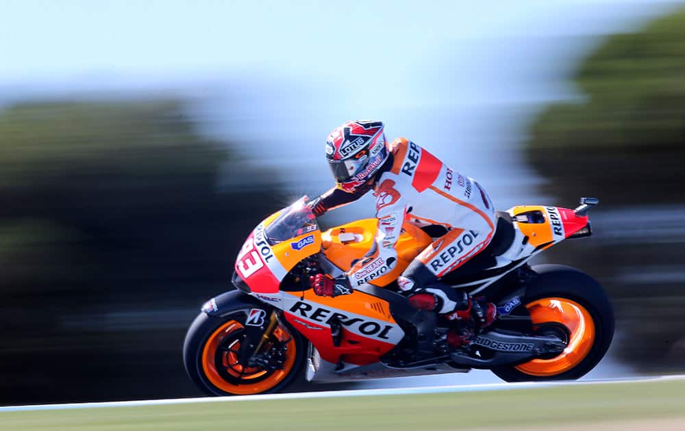 MotoGP rider Marc Marquez of Spain controls his bike on turn nine during a free practice ahead of Sunday's Australian Motorcycle Grand Prix at Phillip Island, Australia.