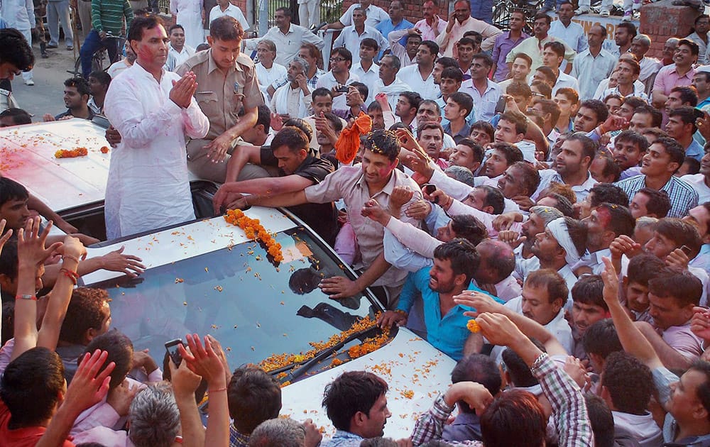 BJP candidate Captain Abhimanyu at a victory rally after his win in Assembly election, in Hisar.