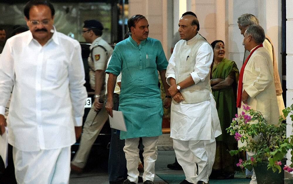 Union Ministers Rajnath Singh, M.Venkaiah Naidu, Sushma Swaraj and Anant Kumar after the partys parliamentary board meeting at the party headquarters in New Delhi.