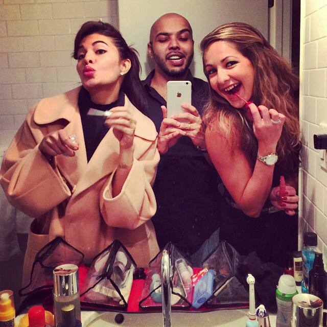 Jacqueline Fernandez -  We need a bigger bathroom!! #partytime #definitionoffear #canada #sisterlove @shaanmu -instagram