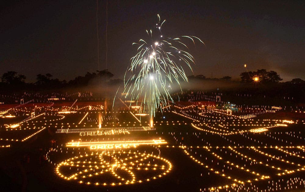 A view of decorated Madan Mohan Malviya Stadium with oil lamps during Deepwali festival celebration in Allahabad.
