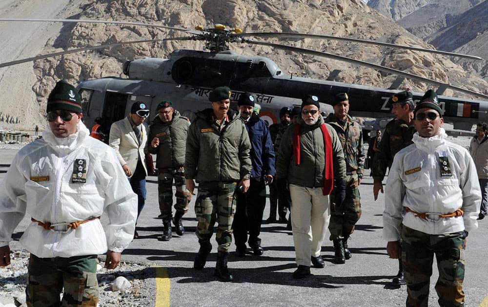 Prime Minister Narendra Modi with Army Chief Gen Dalbir Singh upon his arrival at Siachen Base Camp.