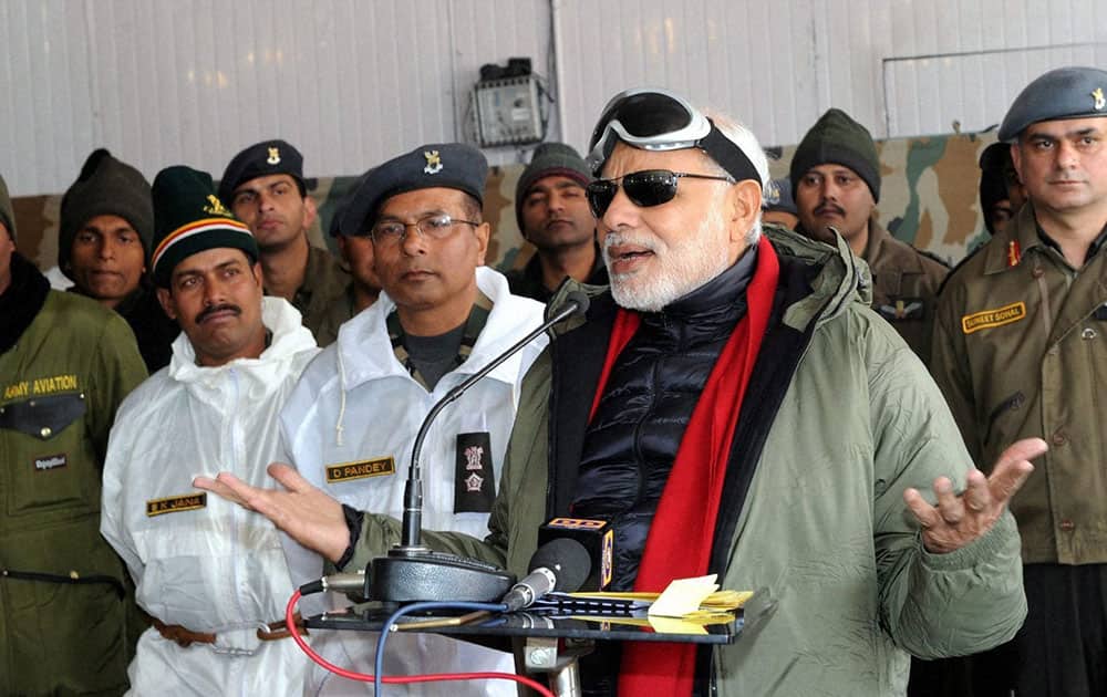 Prime Minister Narendra Modi addresses the Officers and Jawans of the Indian Armed Forces during his visit to Siachen on the occasion of Diwali