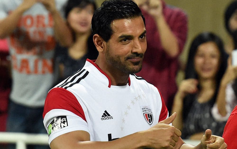 Bollywood actor and Northeast United FC owner John Abraham during the ISL match between Mumbai city FC and Northeast United FC.