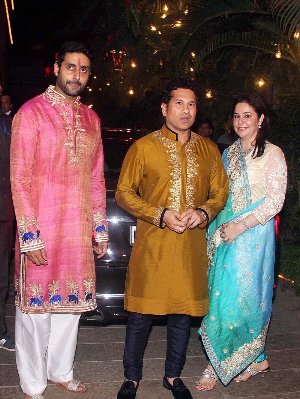 Sachin Tendulkar and his wife Anjali with Abhishek Bachchan at Bachchans Diwali party in Mumbai.