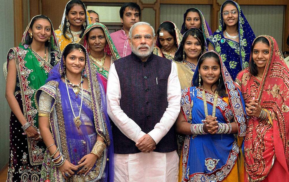 Prime Minister Narendra Modi with young learners of Jainism from Shanti-Kanak Shramanopasak Trust of Banaskantha in New Delhi.