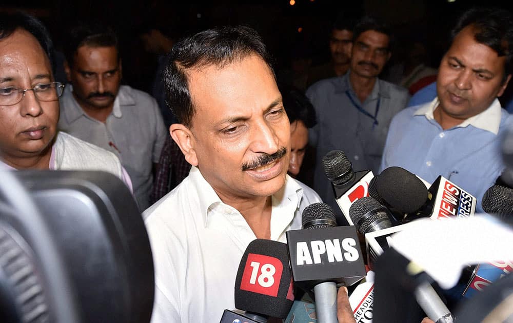 BJP leader Rajiv Pratap Ruddy speaks to the media after attending a High tea hosted by Prime Minister Narendra Modi for NDA MPs, at 7RCR in New Delhi.