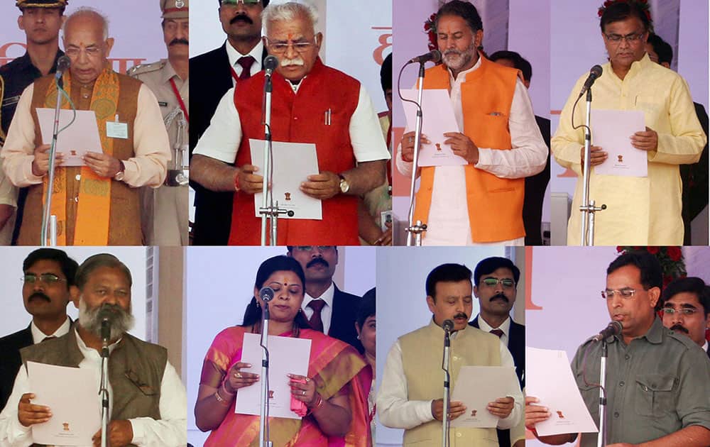 Combo- Haryana Governor Kaptan Singh Solanki administers oath to the new state Chief Minister Manohar Lal Khattar and six cabinet Ministers.