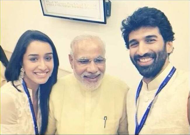 (From left) Actor Shraddha Kapoor, PM Modi with Aditya Roy Kapur. -twitter